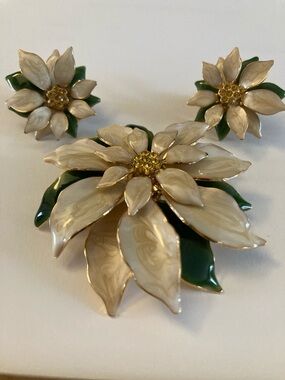 Floral Cream and Green Enamel Flower Brooch and clip-on Earring Set